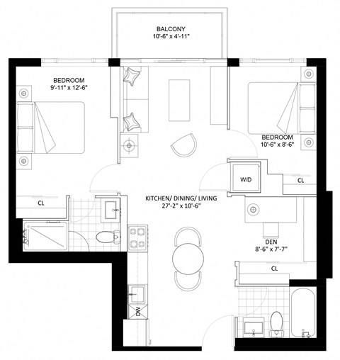 Floor plan for 2 beds, 2 baths, 786 sqft